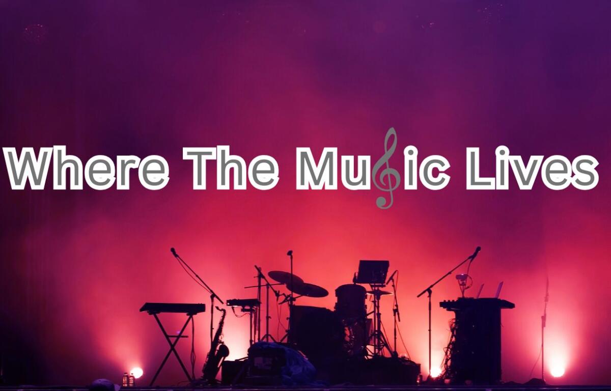 Promotional banner reading 'Where The Music Lives' over a purple-pink stage with drummer's silhouette and keyboards.