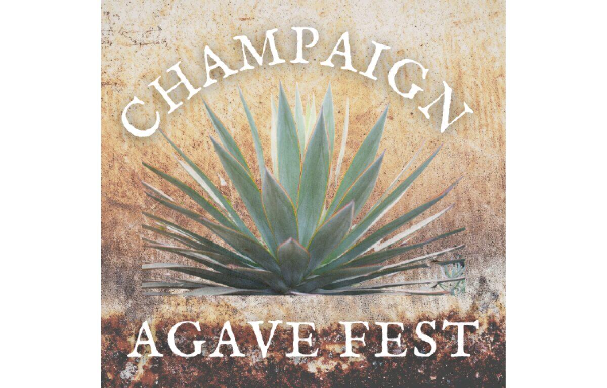 Poster with a large agave plant on a rusted background and curved text reading CHAMPAGNE at the top and AGAVE FEST at the bottom.