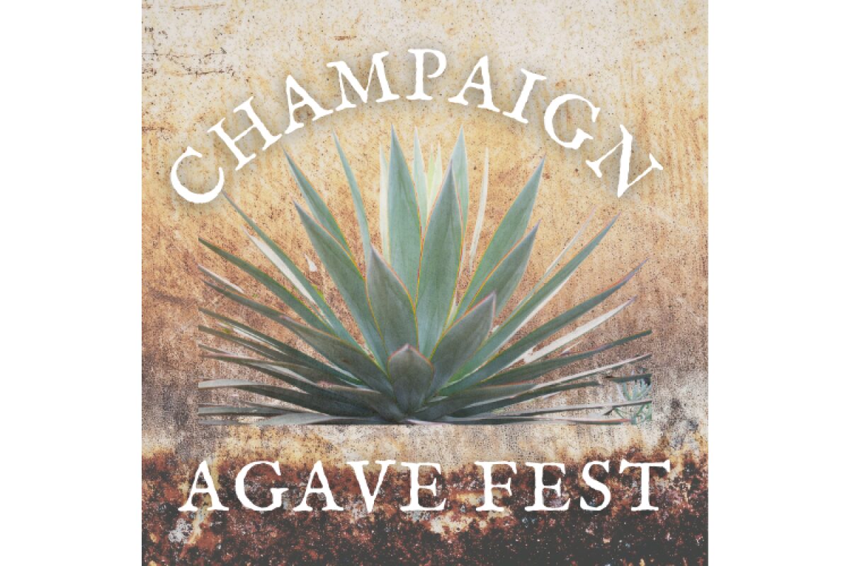 Poster with a large agave plant on a rusted background and curved text reading CHAMPAGNE at the top and AGAVE FEST at the bottom.