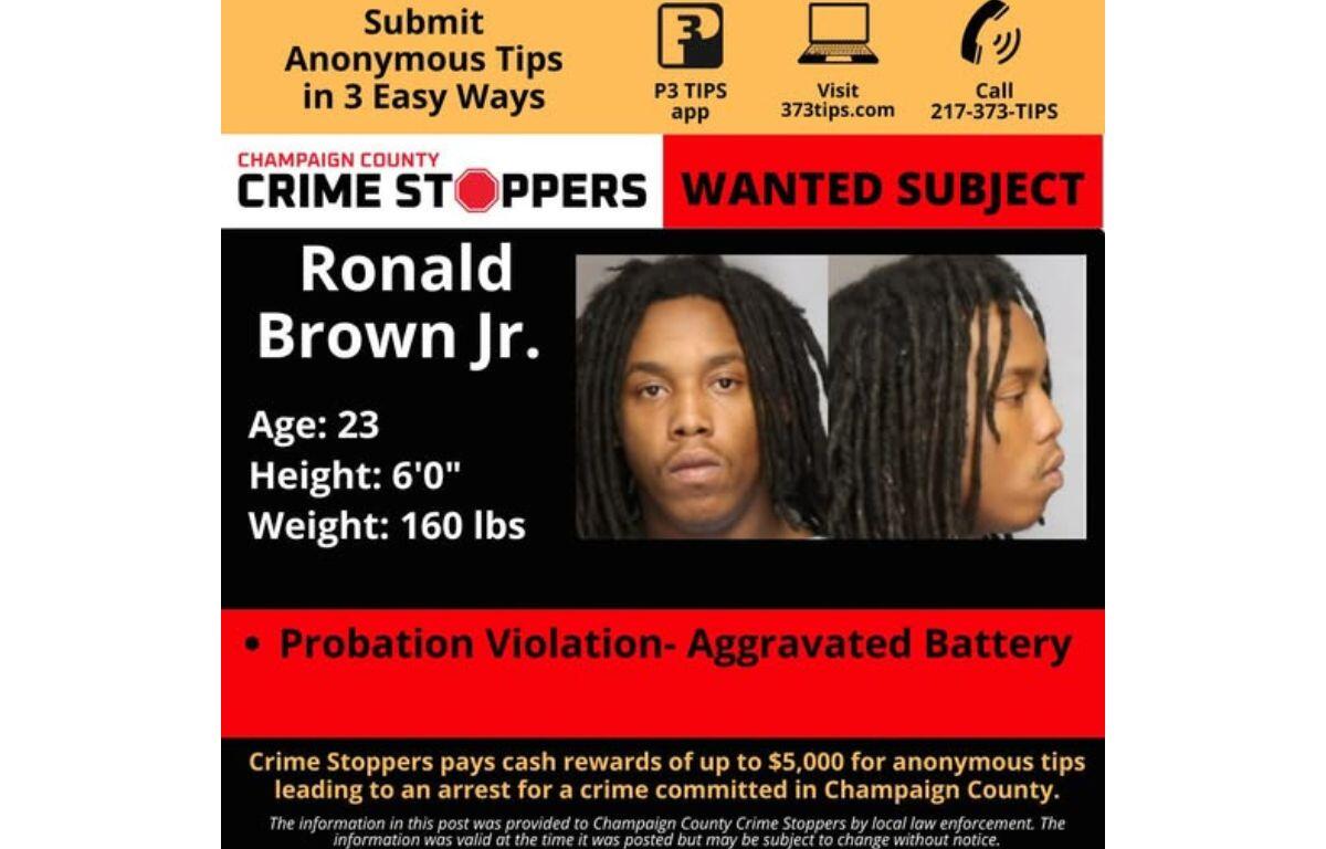 WANTED POSTER for Ronald Brown Jr., age 23, 6'0", 160 lbs; probation violation - aggravated battery; reward info below in a Crime Stoppers notice