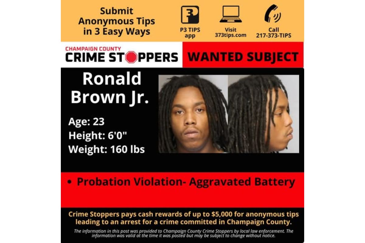 WANTED POSTER for Ronald Brown Jr., age 23, 6'0", 160 lbs; probation violation - aggravated battery; reward info below in a Crime Stoppers notice