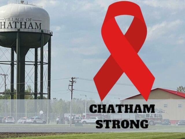 Water tower labeled 'Village of Chatham' beside a large red awareness ribbon and 'Chatham Strong' text, symbolizing local support/event.