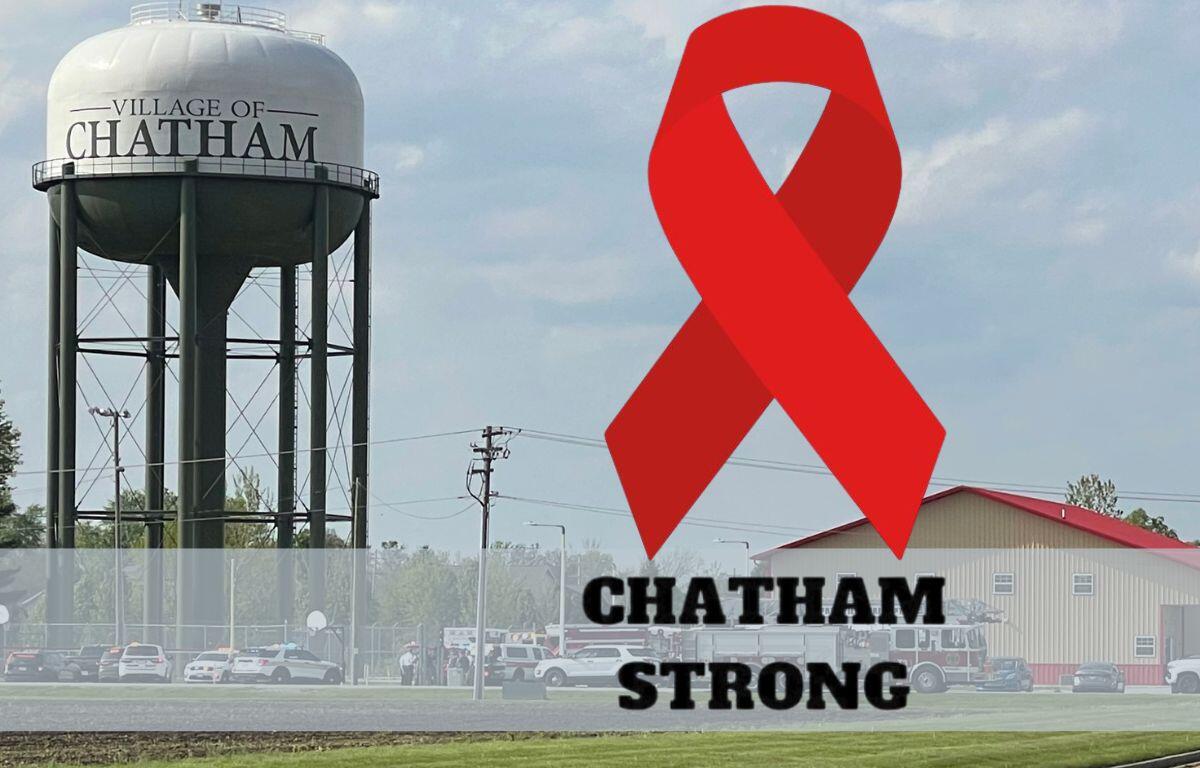 Water tower labeled 'Village of Chatham' beside a large red awareness ribbon and 'Chatham Strong' text, symbolizing local support/event.