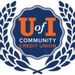 U of I Community Credit Union logo: orange 'U of I' text inside a blue decorative shield, framed by blue laurel wreaths.