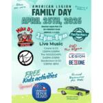 Poster for American Legion Family Day, April 25, 2026 at Post 210 in Danville, IL, showing live music and free kids activities.