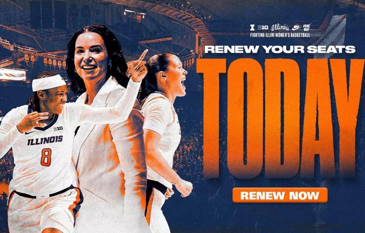 Promotional banner for Illinois women's basketball urging seat renewals with players celebrating and bold orange text 'RENEW NOW'.