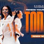 Promotional banner for Illinois women's basketball urging seat renewals with players celebrating and bold orange text 'RENEW NOW'.