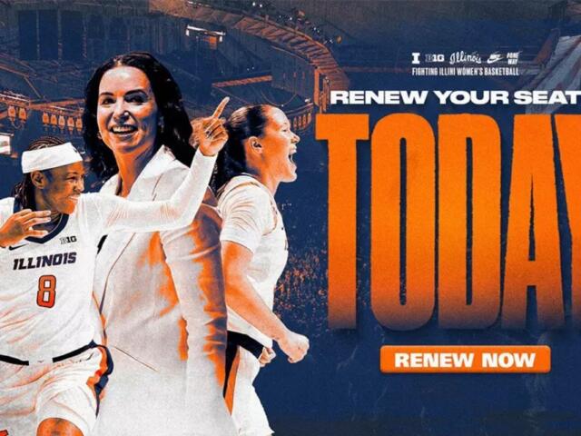 Promotional banner for Illinois women's basketball urging seat renewals with players celebrating and bold orange text 'RENEW NOW'.