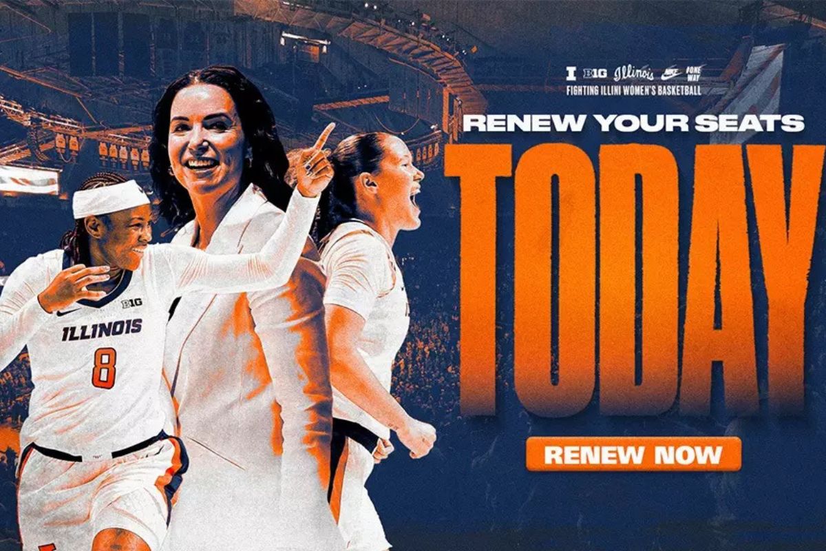 Promotional banner for Illinois women's basketball urging seat renewals with players celebrating and bold orange text 'RENEW NOW'.
