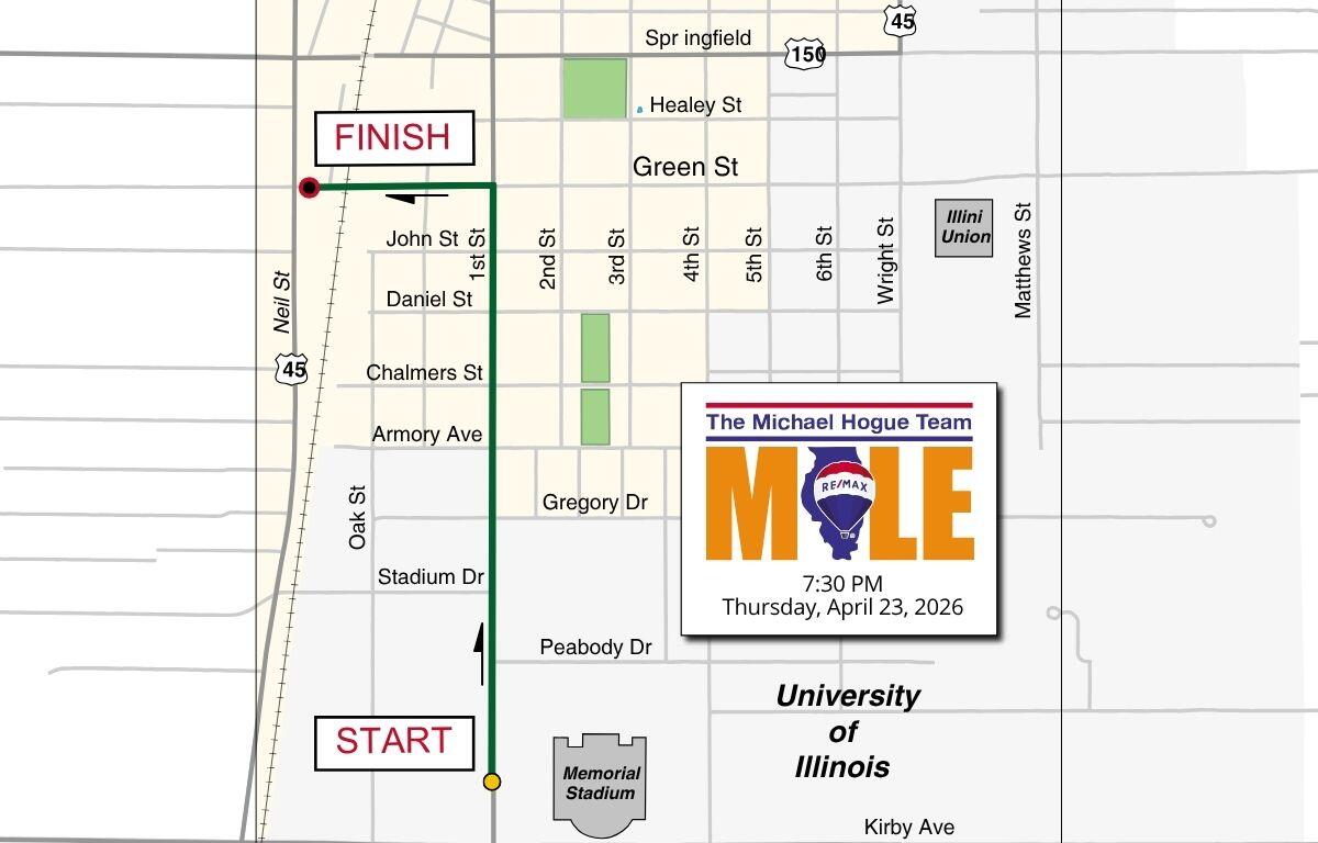 Map showing a race route from START to FINISH along Green Street near the University of Illinois, with a MOLE promo graphic nearby.
