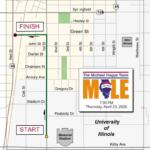 Map showing a race route from START to FINISH along Green Street near the University of Illinois, with a MOLE promo graphic nearby.