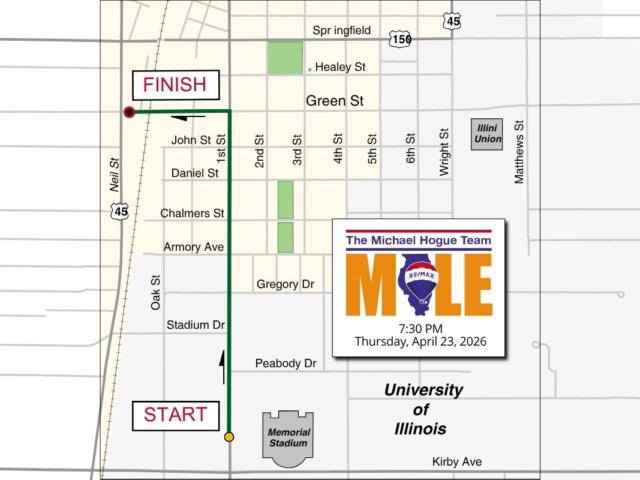Map showing a race route from START to FINISH along Green Street near the University of Illinois, with a MOLE promo graphic nearby.
