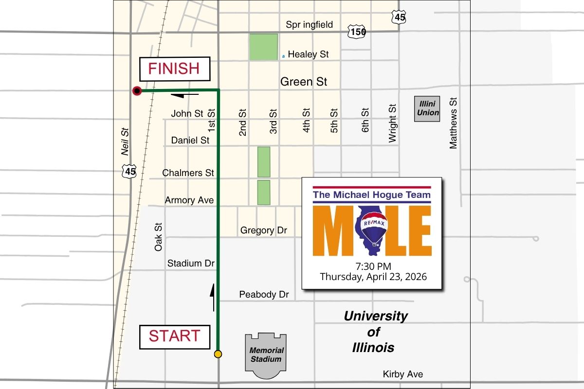 Map showing a race route from START to FINISH along Green Street near the University of Illinois, with a MOLE promo graphic nearby.