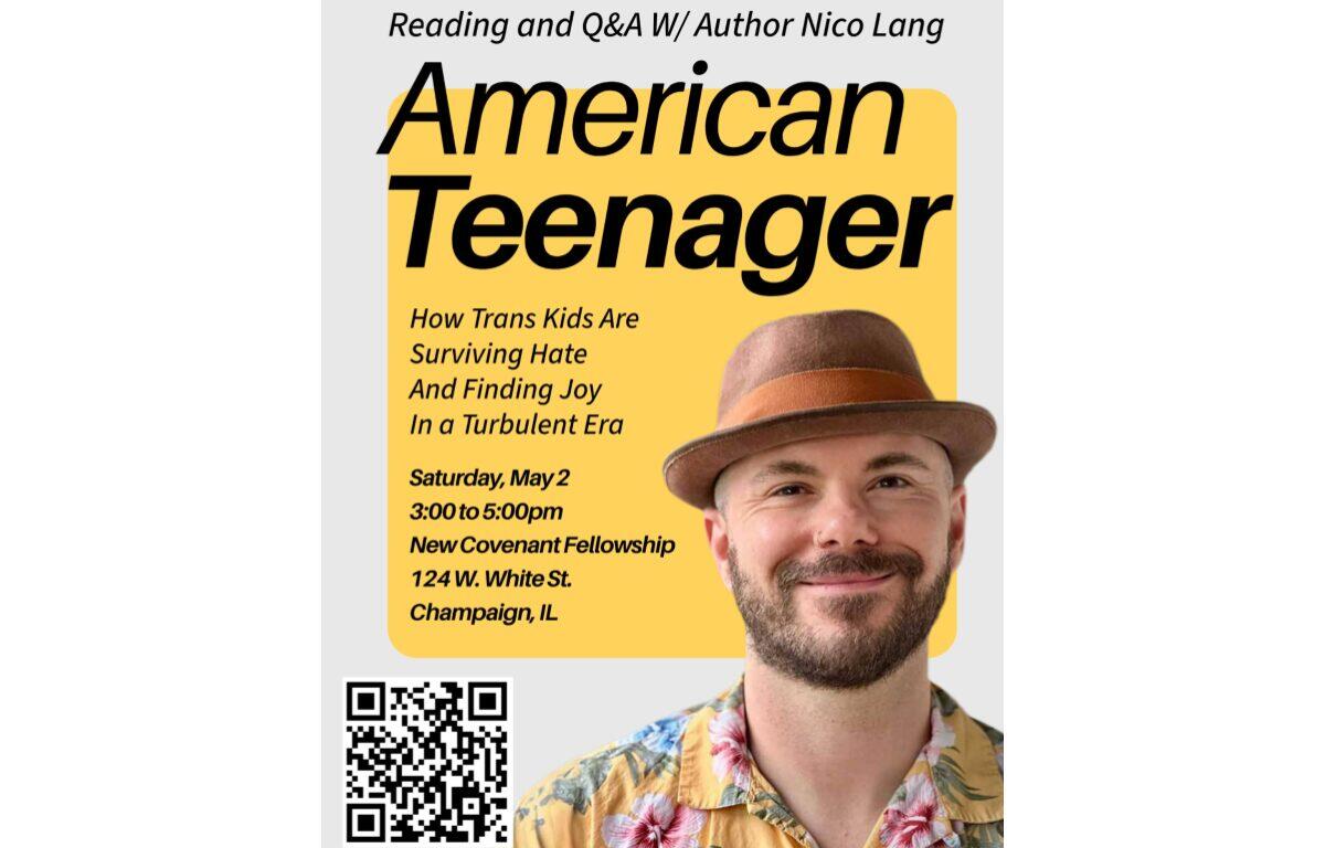 Event poster advertising a Reading and Q&A with Nico Lang for 'American Teenager'; man wearing a hat on a yellow panel with event details and a QR code in the corner.