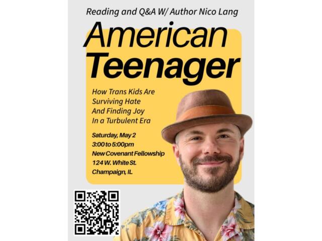 Event poster advertising a Reading and Q&A with Nico Lang for 'American Teenager'; man wearing a hat on a yellow panel with event details and a QR code in the corner.