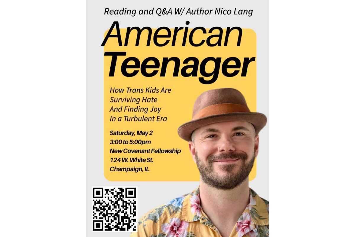 Event poster advertising a Reading and Q&A with Nico Lang for 'American Teenager'; man wearing a hat on a yellow panel with event details and a QR code in the corner.