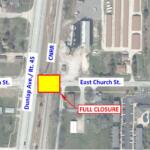 Aerial map showing a full road closure at the intersection of East Church St and Dunlap Ave/RT 45, highlighted with a yellow block and red outline on the southeast corner.