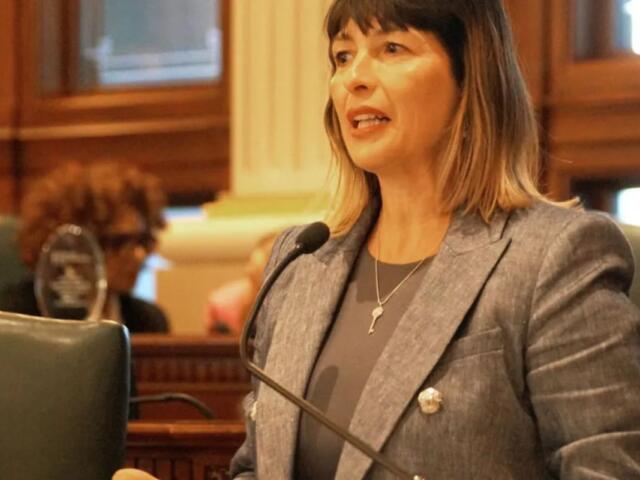 Woman in a gray blazer speaks into a microphone in a formal council chamber.