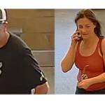 Two people: left—man in a black Fox t-shirt and camo cap looking downward; right—woman in a red tank top on a cellphone with a brown backpack.