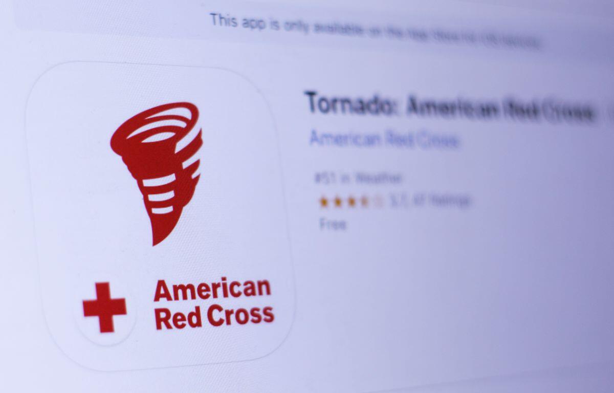 Icon for the American Red Cross Tornado app: a red tornado spiral on a white rounded square with a small red cross and 'American Red Cross' text nearby in the listing