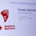 Icon for the American Red Cross Tornado app: a red tornado spiral on a white rounded square with a small red cross and 'American Red Cross' text nearby in the listing