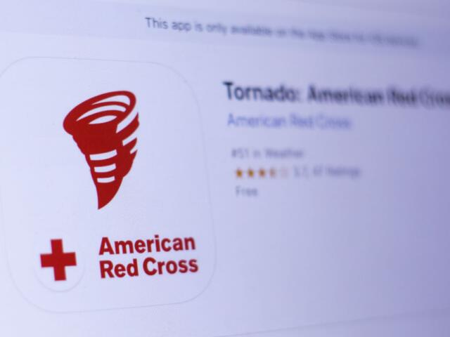 Icon for the American Red Cross Tornado app: a red tornado spiral on a white rounded square with a small red cross and 'American Red Cross' text nearby in the listing