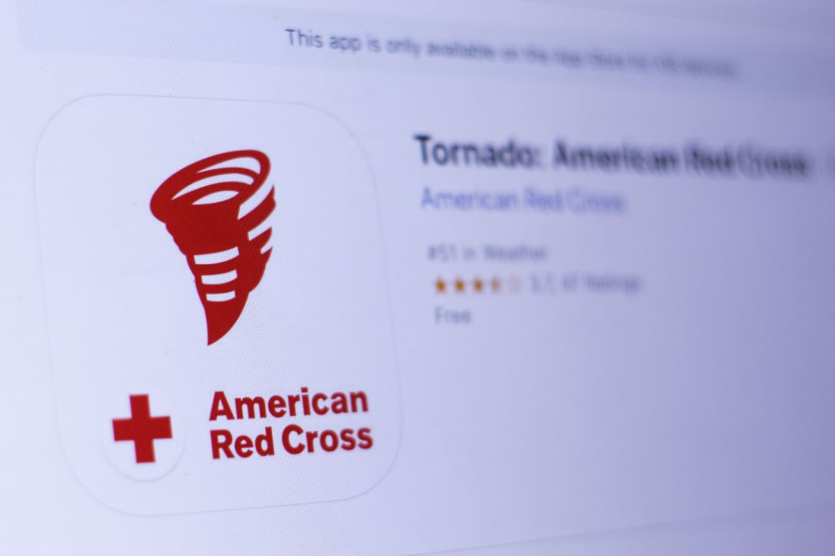 Icon for the American Red Cross Tornado app: a red tornado spiral on a white rounded square with a small red cross and 'American Red Cross' text nearby in the listing