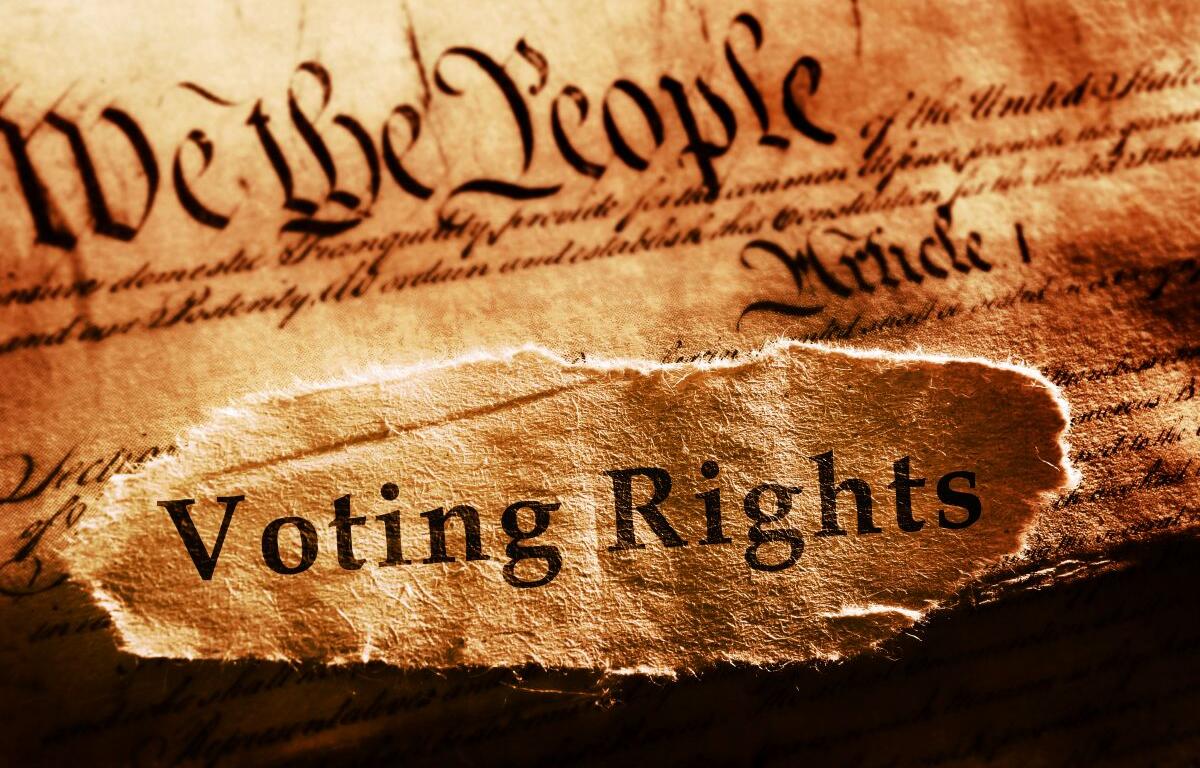 Torn parchment revealing the words 'Voting Rights' with a faded U.S. Constitution backdrop.