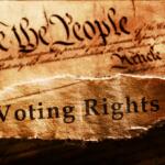 Torn parchment revealing the words 'Voting Rights' with a faded U.S. Constitution backdrop.