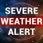 Banner reading 'SEVERE WEATHER ALERT' with a blue stormy left side and orange lightning on the right.