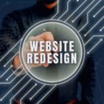 Graphic of a person in dark clothing reaching toward a glowing circle that reads 'Website Redesign' with neon circuit lines in the background, symbolizing tech changes.