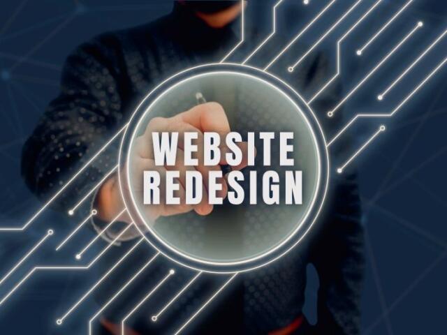 Graphic of a person in dark clothing reaching toward a glowing circle that reads 'Website Redesign' with neon circuit lines in the background, symbolizing tech changes.