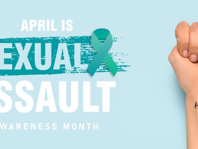 Light blue background featuring teal ribbon and bold text 'April is Sexual Assault Awareness Month'; a raised fist on the right with 'Help' written on the forearm.