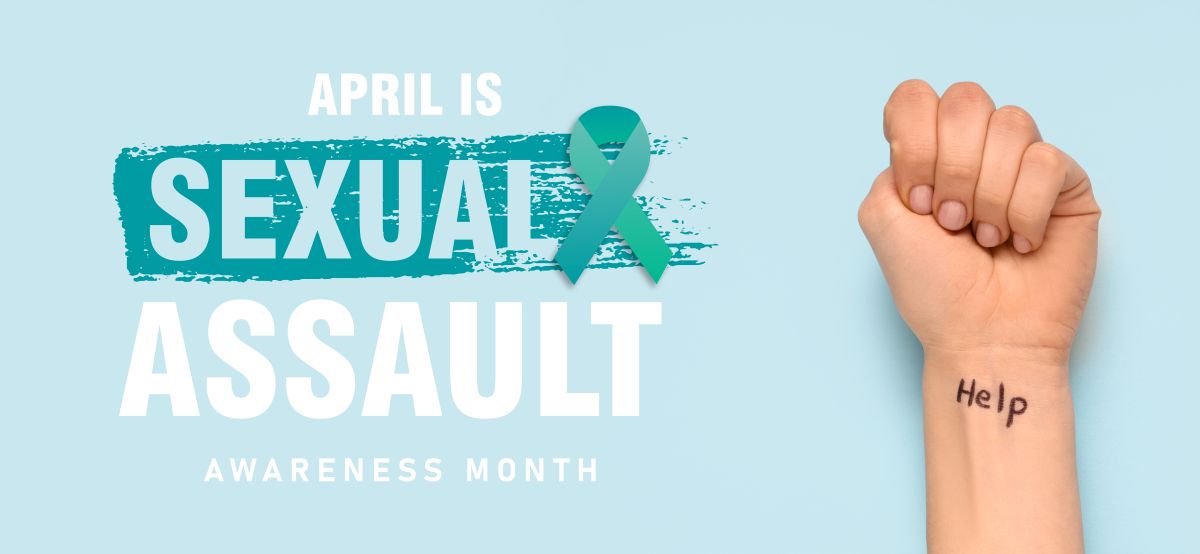Light blue background featuring teal ribbon and bold text 'April is Sexual Assault Awareness Month'; a raised fist on the right with 'Help' written on the forearm.