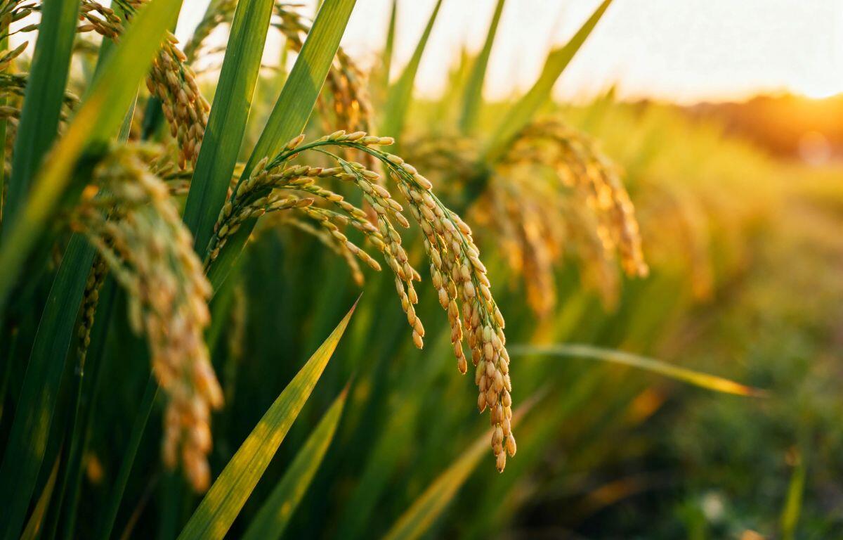 Close-up of golden rice panicles bending over green stalks in a sunlit field at sunset, ready for harvest