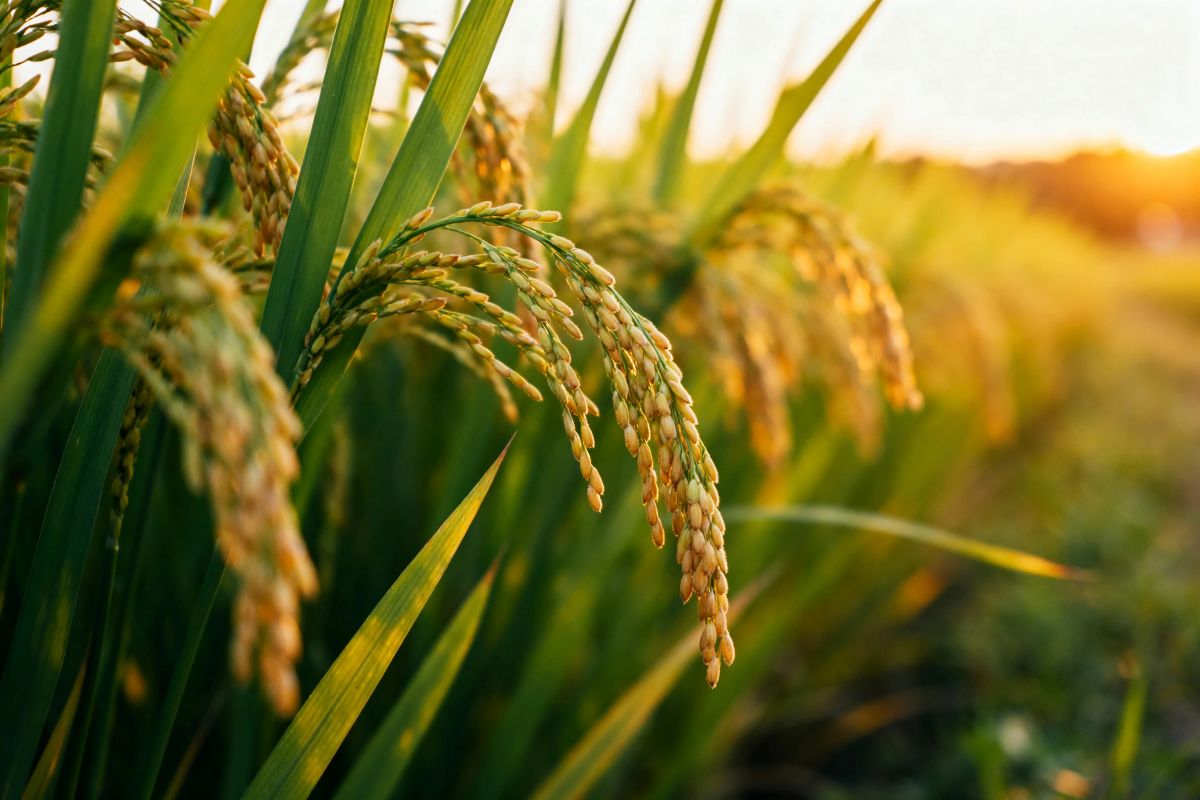 Close-up of golden rice panicles bending over green stalks in a sunlit field at sunset, ready for harvest