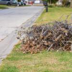 Pile of tree branches and dry leaves piled on a grassy curb in a suburban street, ready for yard debris collection.
