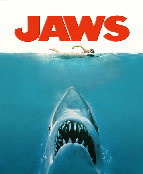Poster for Jaws: a great white shark breaches upward toward a swimmer at the surface in blue ocean water.
