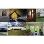 Collage of homes and interiors: living room with fireplace, entryway, auditorium, colorful wall panels, and garden view Andersen-style exterior.