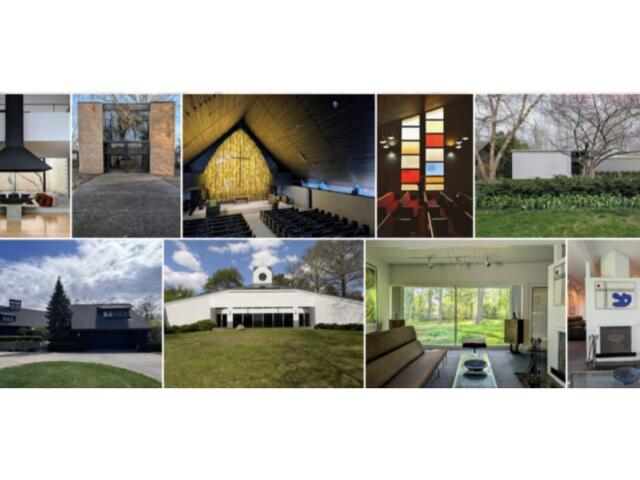 Collage of homes and interiors: living room with fireplace, entryway, auditorium, colorful wall panels, and garden view Andersen-style exterior.