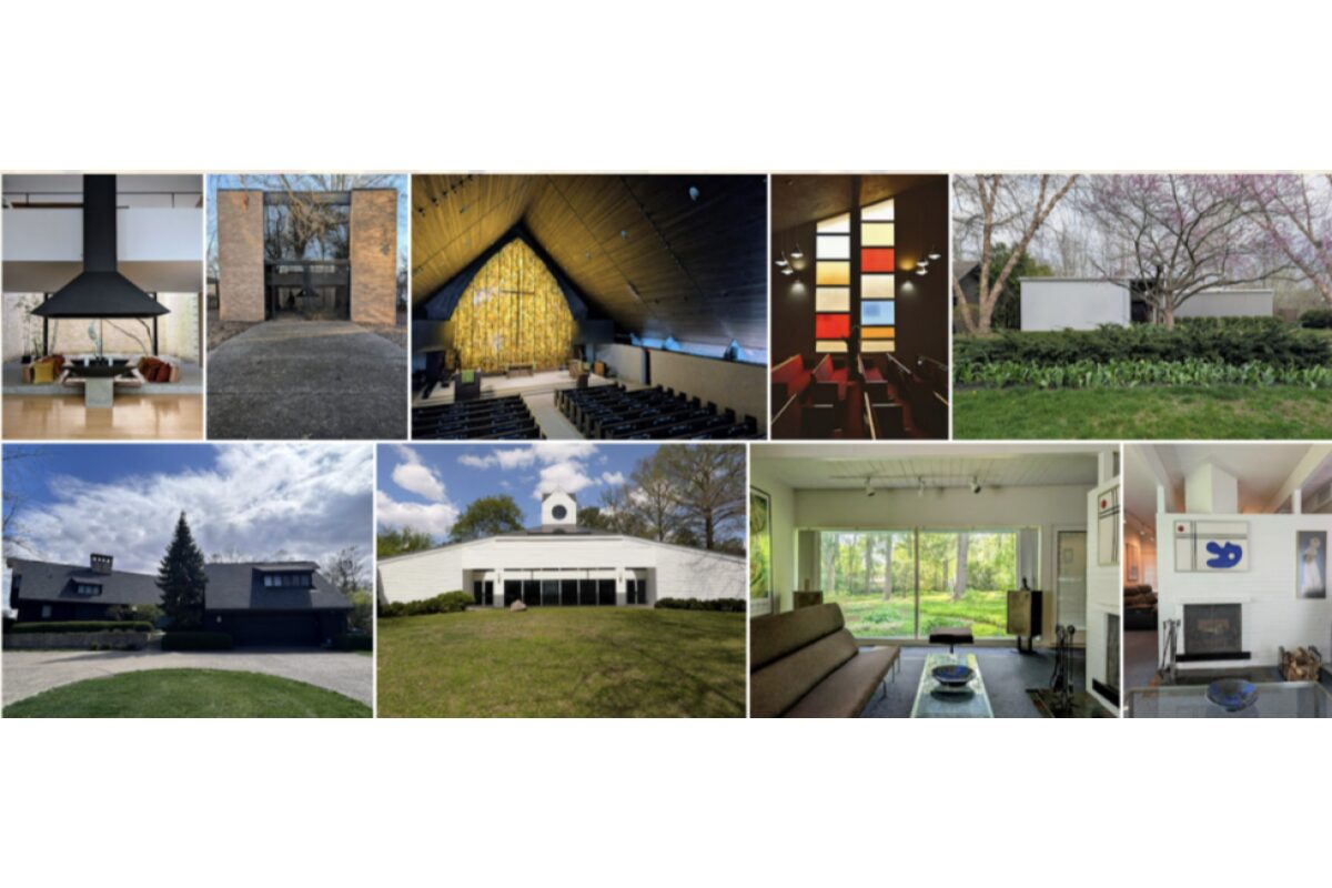 Collage of homes and interiors: living room with fireplace, entryway, auditorium, colorful wall panels, and garden view Andersen-style exterior.