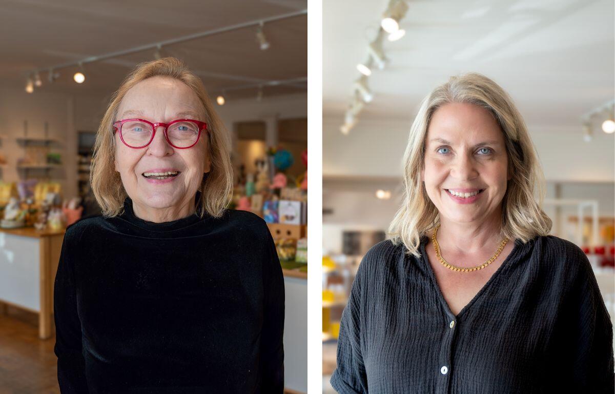 Portrait of an older woman with red glasses and a black top, smiling in a well-lit gift shop setting (left panel)./nLeft: older woman with red glasses smiling in a bright shop background.
