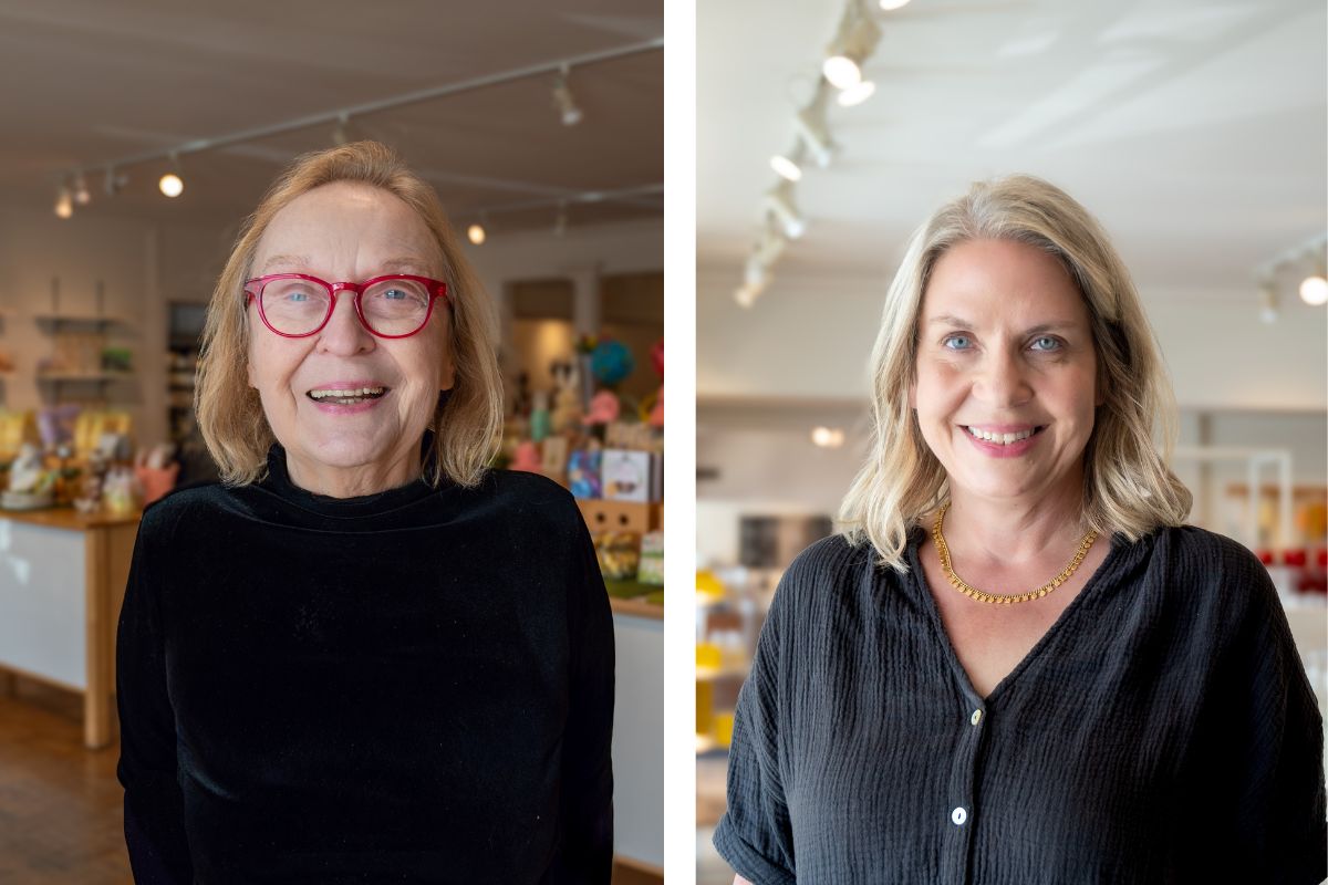 Portrait of an older woman with red glasses and a black top, smiling in a well-lit gift shop setting (left panel)./nLeft: older woman with red glasses smiling in a bright shop background.