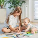 Older girl drawing with an orange marker on paper while a baby watches, surrounded by colored pencils and notebooks on the living room carpet.