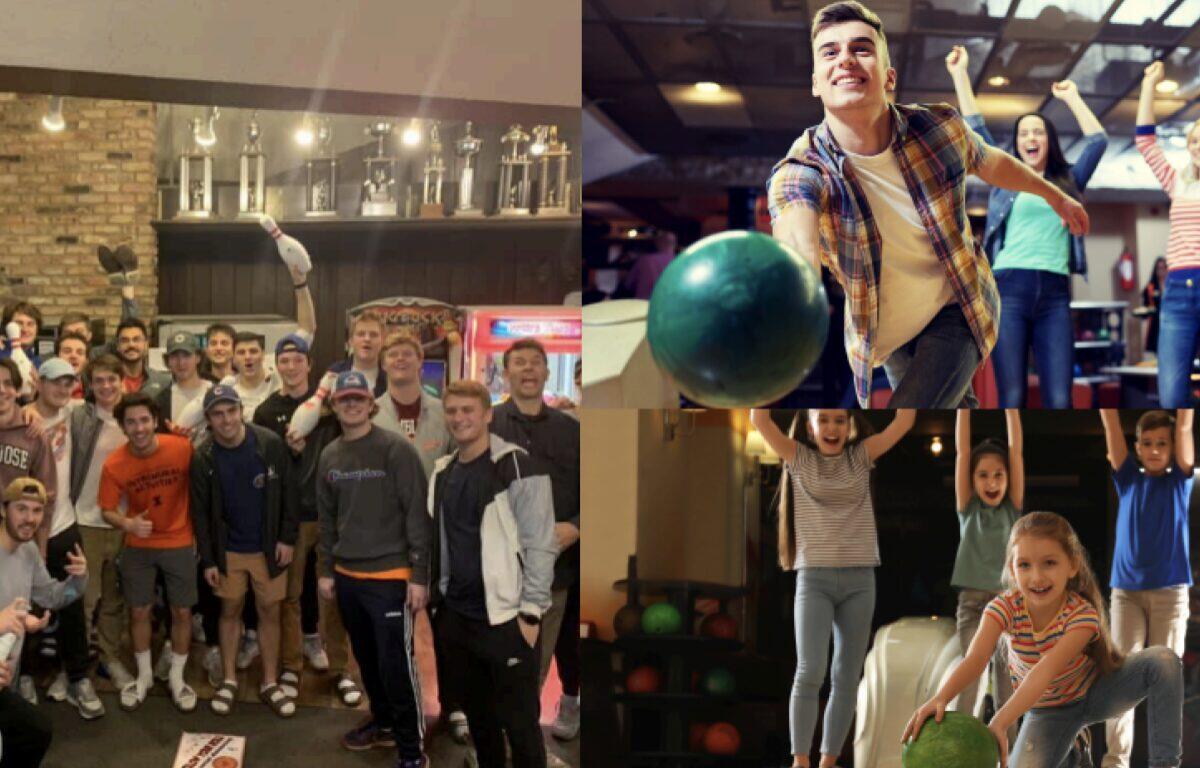 Group of young adults posing for a photo at a bowling alley with trophies in the background (collage) .