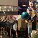 Group of young adults posing for a photo at a bowling alley with trophies in the background (collage) .