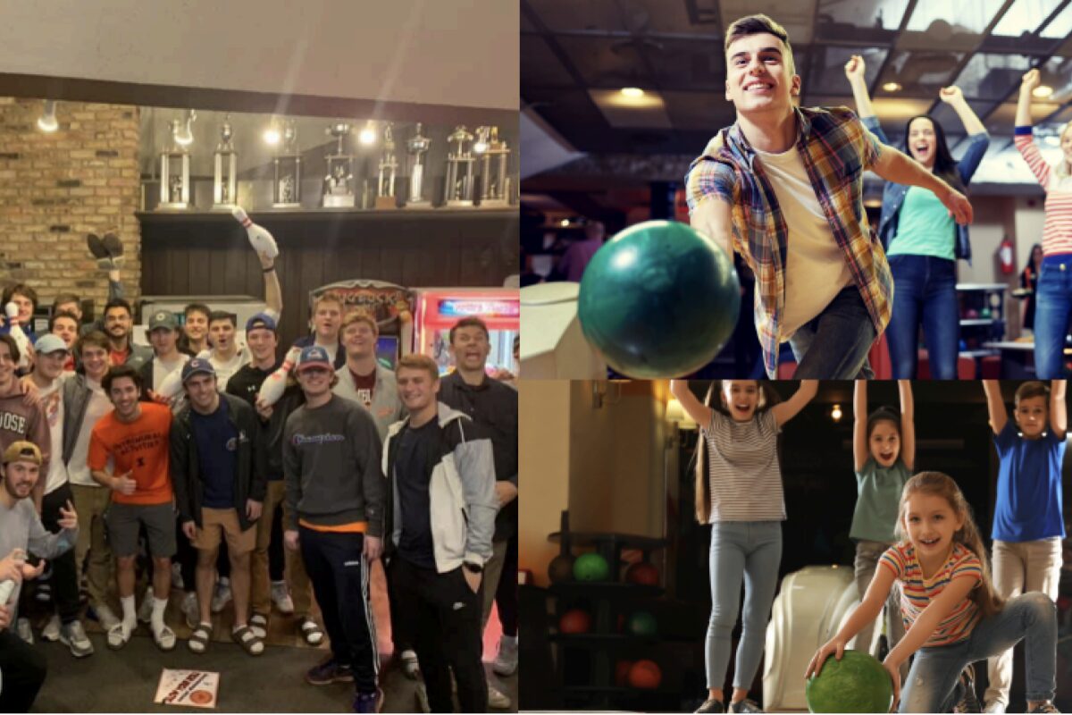Group of young adults posing for a photo at a bowling alley with trophies in the background (collage) .