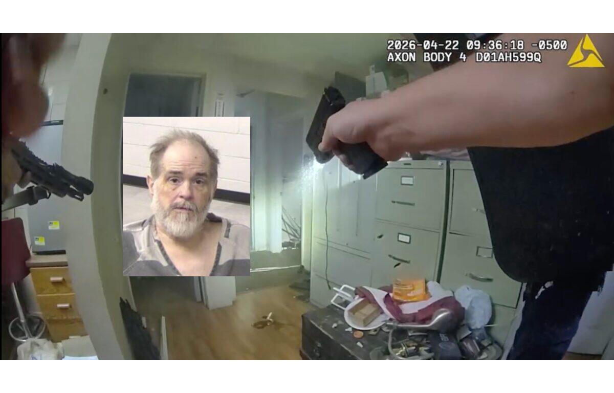 Officer in a bodycam scene points a handgun in a cluttered room; inset shows a bearded man's mugshot.