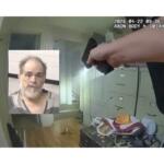 Officer in a bodycam scene points a handgun in a cluttered room; inset shows a bearded man's mugshot.