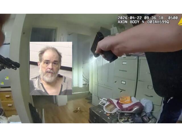 Officer in a bodycam scene points a handgun in a cluttered room; inset shows a bearded man's mugshot.